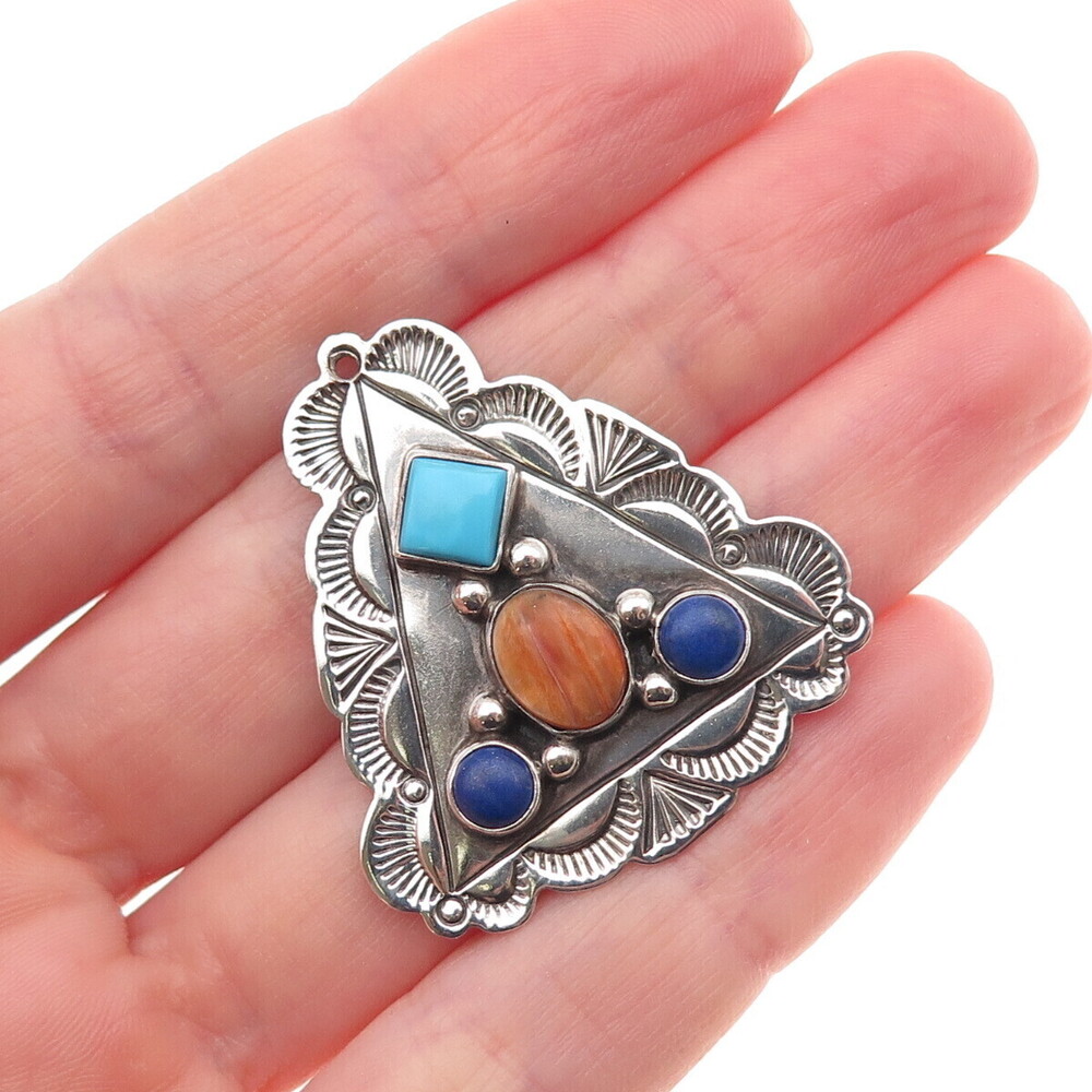 Old Pawn 925 Sterling Silver Vintage Southwestern Turquoise Coral Lapis Pendant